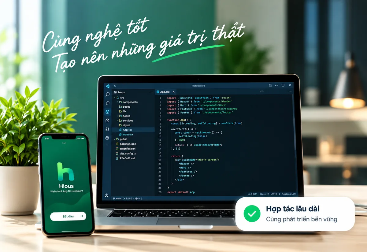 Laptop hiển thị mã nguồn và điện thoại mang logo Hypgo – Công nghệ tốt tạo nên những giá trị thật, hợp tác lâu dài